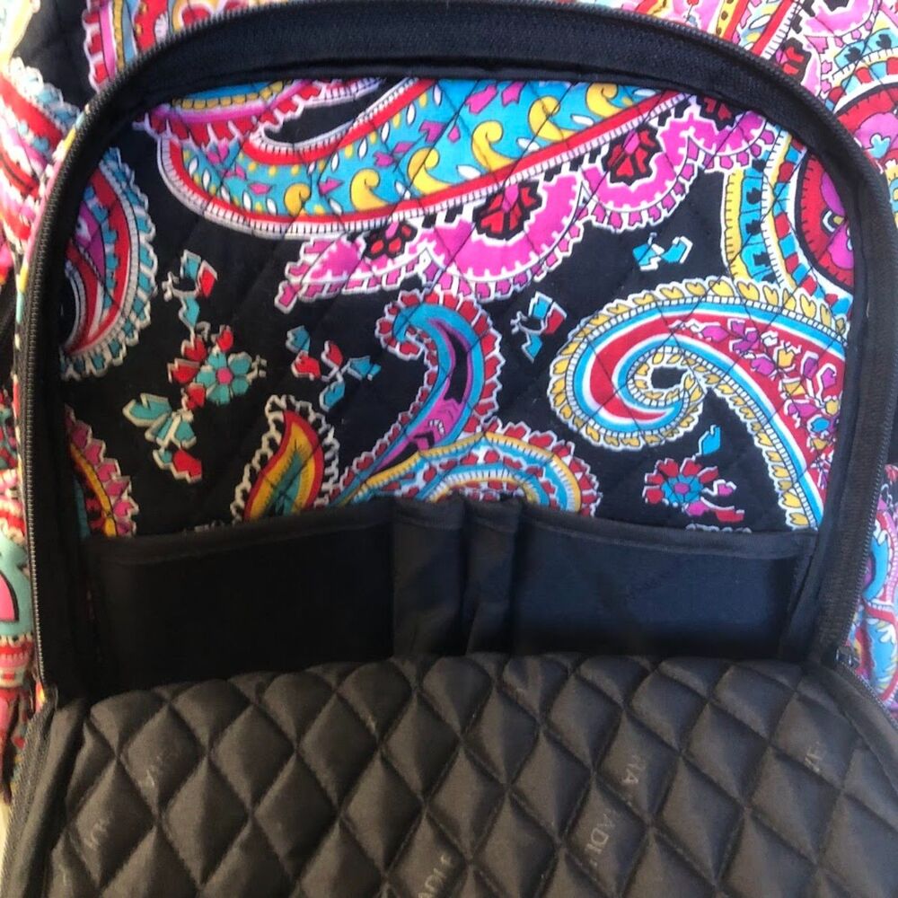 Vera Bradly Large Campus Petal Paisley Women's Backpack Black Pink Quilted AS IS